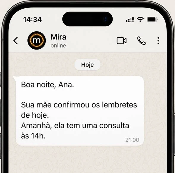 WhatsApp da família: a Mira manda “Boa noite, Ana. Sua mãe confirmou os lembretes de hoje. Amanhã, ela tem uma consulta às 14h.”